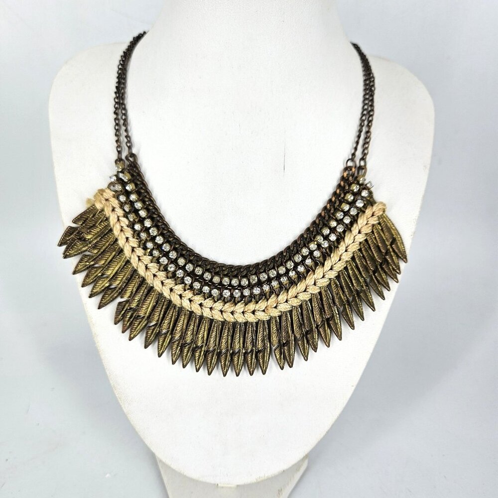 Bib Necklace Gold Tone Boho Statement Feather Fringe Rhinestone 16" Braided Cord